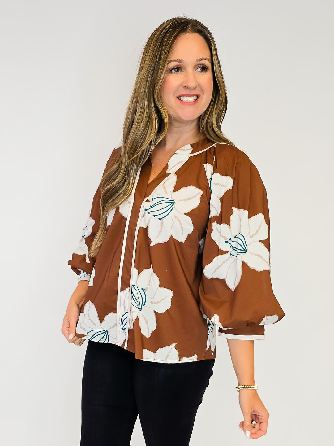 3/4 PUFF SLEEVE FLORAL TOP - BROWN