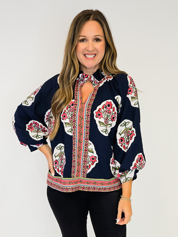 BOHO FLORAL PRINT TUNIC TOP W/BORDER PRINT - NAVY