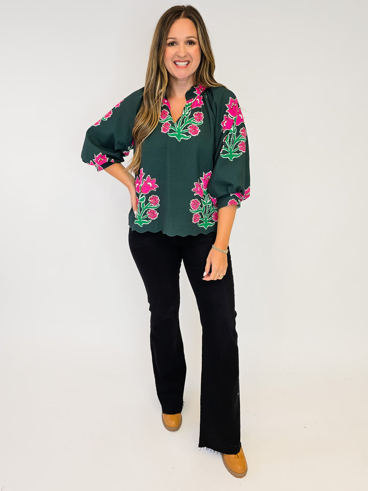 BUBBLE SLEEVE TULIP PRINT TOP - FOREST GREEN