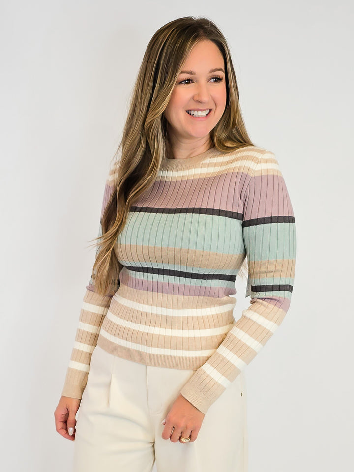 COLOR BLOCK STRIPED RIBBED KNIT SWEATER - IVORY/LATTE