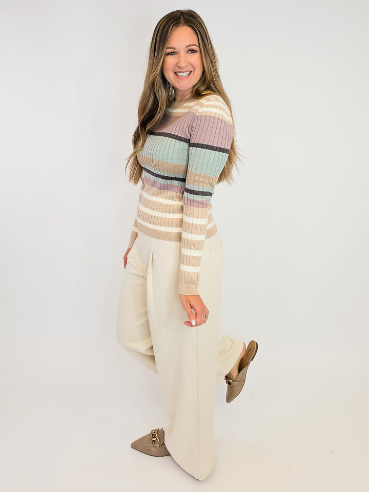 COLOR BLOCK STRIPED RIBBED KNIT SWEATER - IVORY/LATTE
