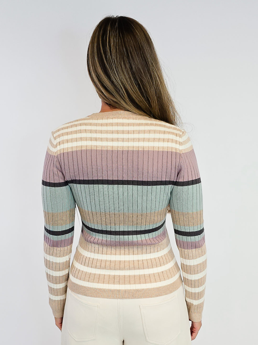 COLOR BLOCK STRIPED RIBBED KNIT SWEATER - IVORY/LATTE
