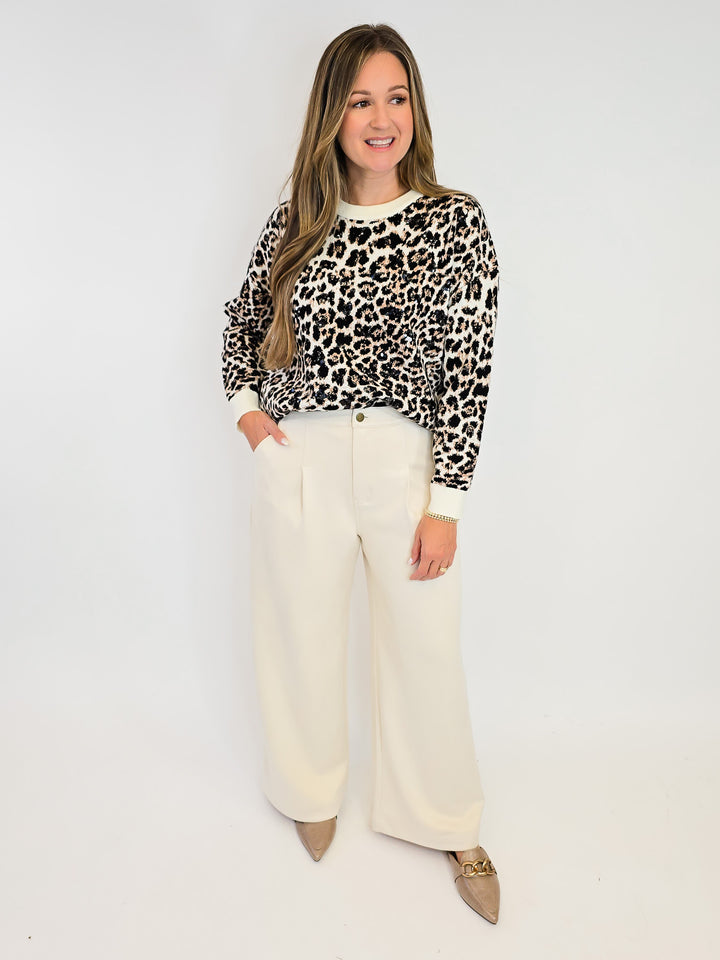 CREW NECK LEOPARD PRINT SEQUIN TOP - ONE SIZE - CREAM