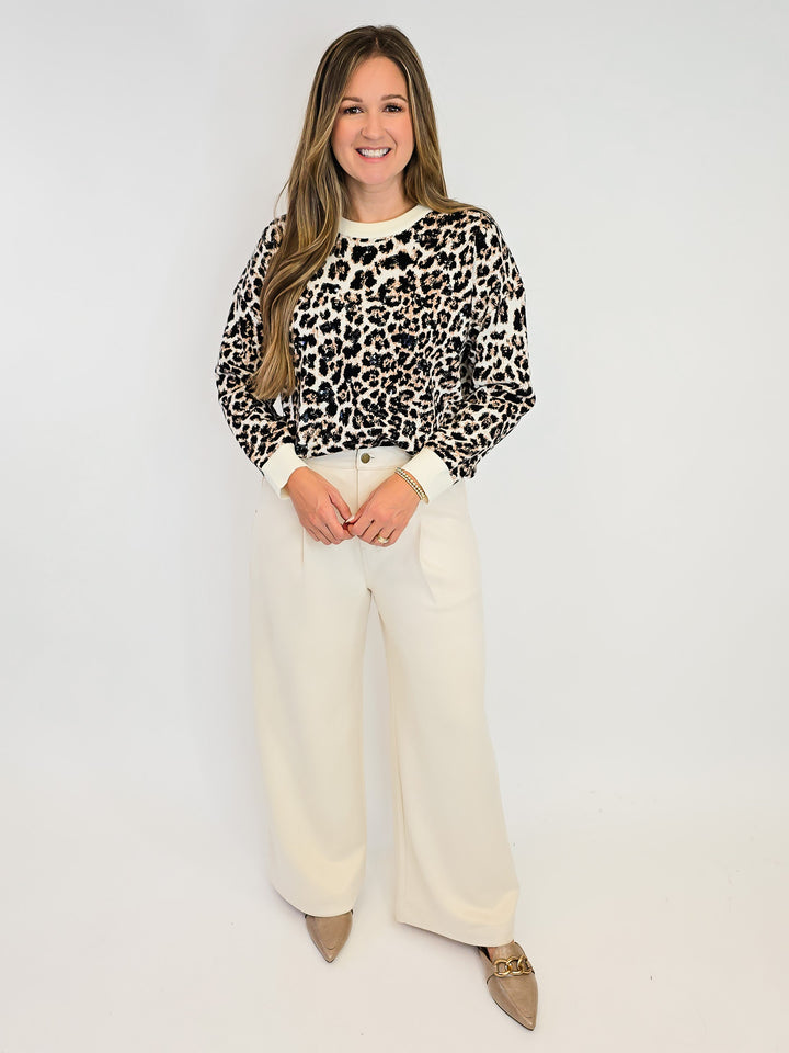 CREW NECK LEOPARD PRINT SEQUIN TOP - ONE SIZE - CREAM