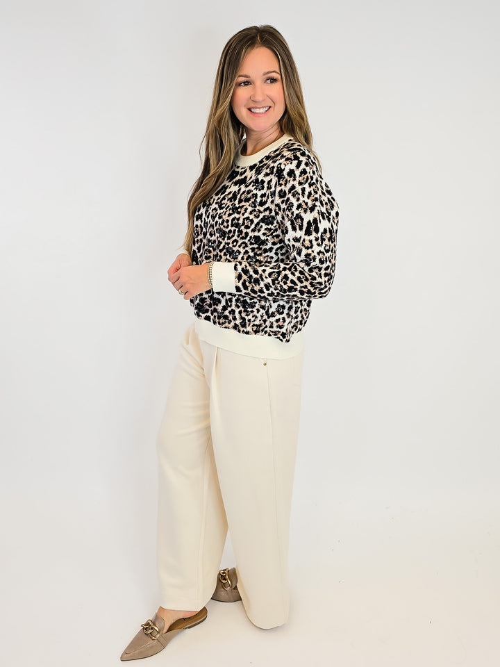 CREW NECK LEOPARD PRINT SEQUIN TOP - ONE SIZE - CREAM