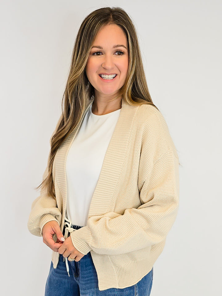 OPEN FRONT BUBBLE SLEEVE KNIT CARDIGAN - SAND