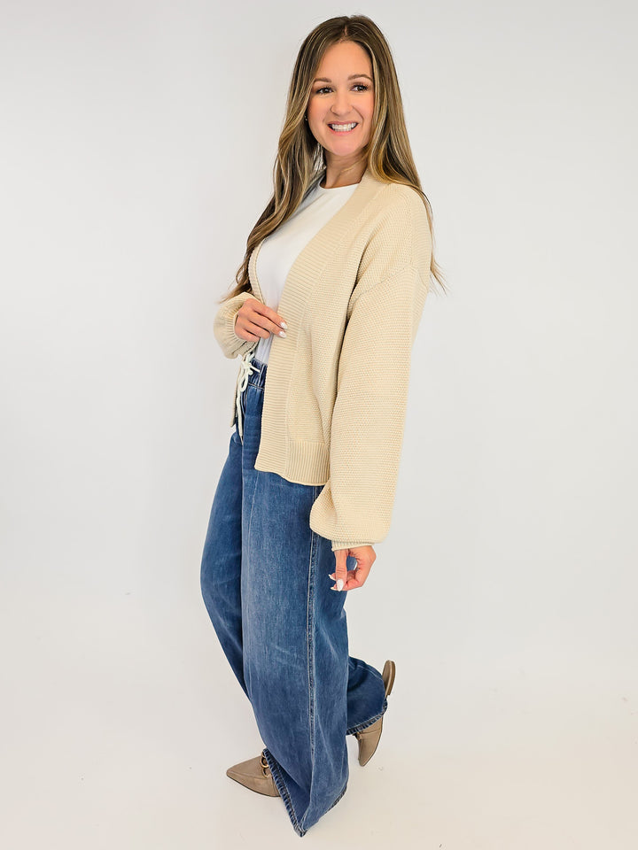 OPEN FRONT BUBBLE SLEEVE KNIT CARDIGAN - SAND