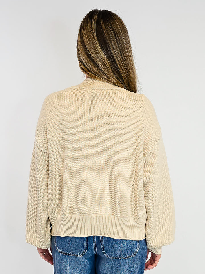 OPEN FRONT BUBBLE SLEEVE KNIT CARDIGAN - SAND