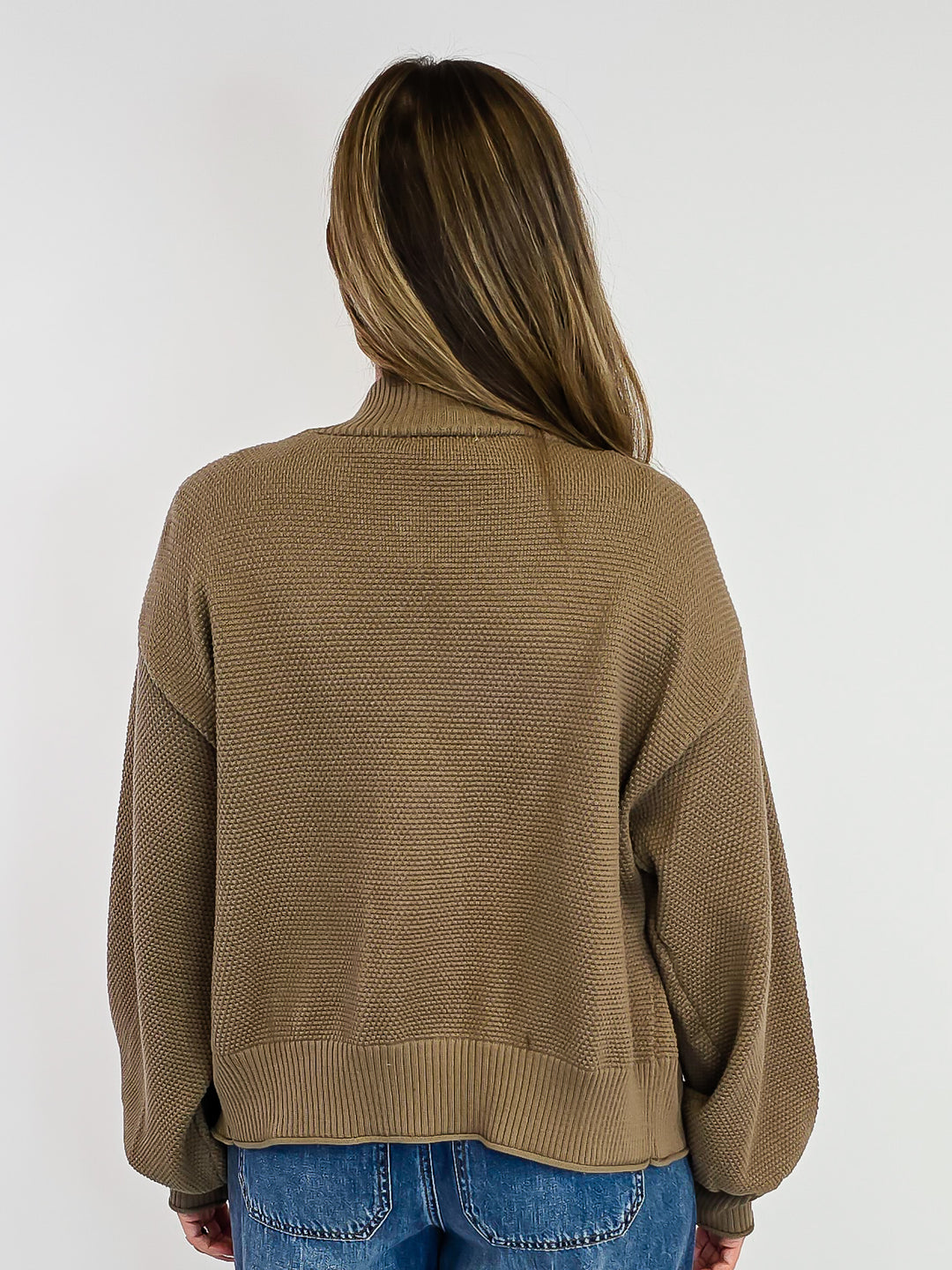 OPEN FRONT BUBBLE SLEEVE KNIT CARDIGAN - MOCHA