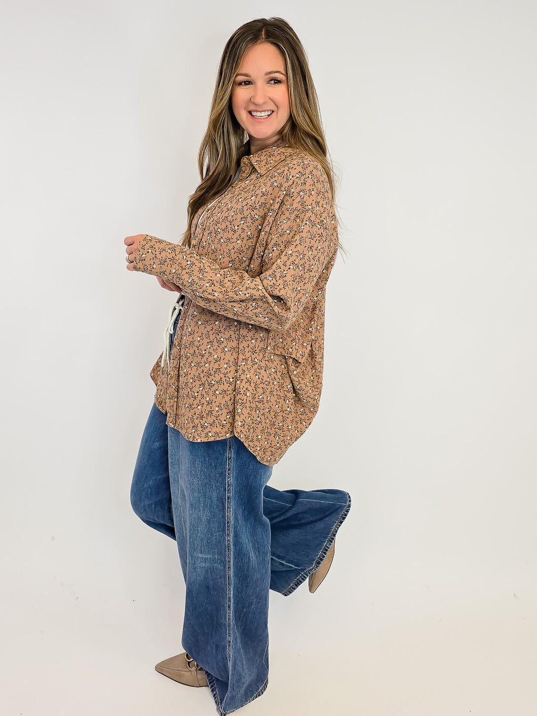 FLORAL PRINTED WASHED GAUZE SHIRT - ALMOND