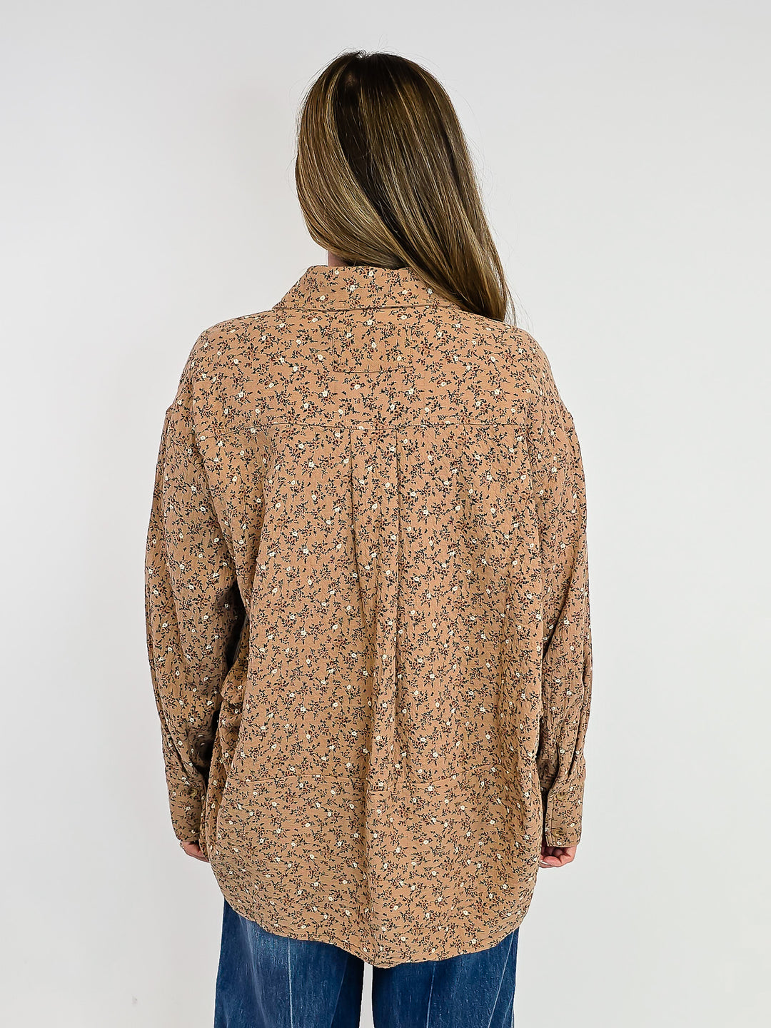 FLORAL PRINTED WASHED GAUZE SHIRT - ALMOND