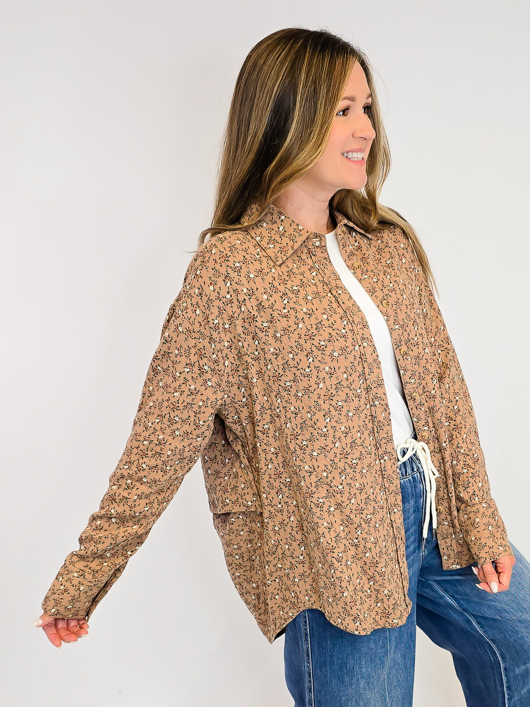 FLORAL PRINTED WASHED GAUZE SHIRT - ALMOND