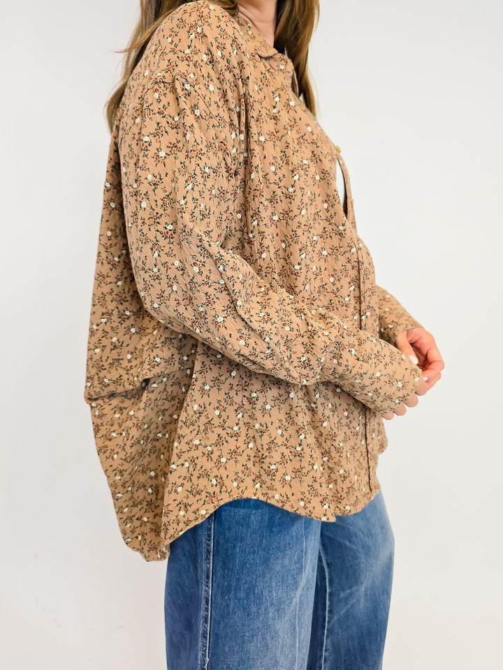 FLORAL PRINTED WASHED GAUZE SHIRT - ALMOND