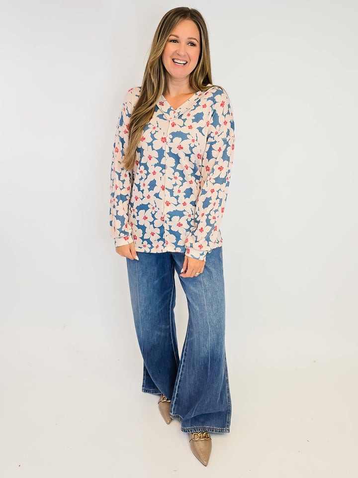 V-NECK LONG SLEEVE FLORAL PRINT TOP - DUSTY TEAL