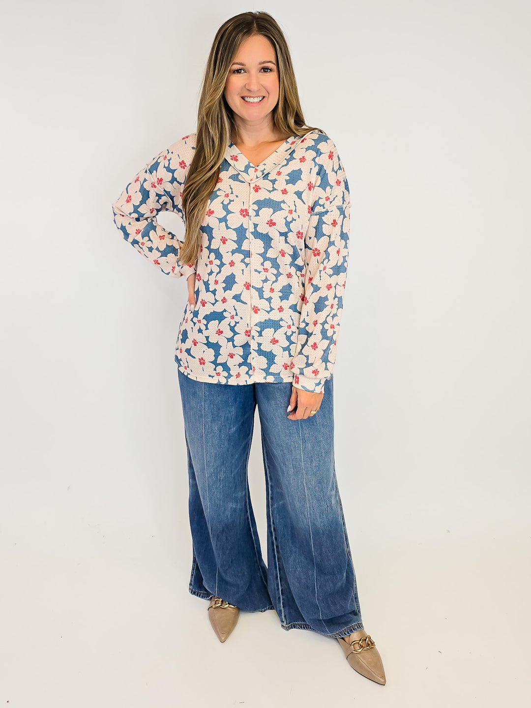 V-NECK LONG SLEEVE FLORAL PRINT TOP - DUSTY TEAL