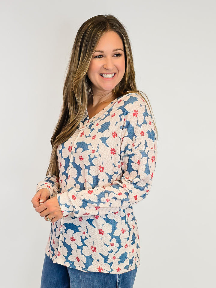 V-NECK LONG SLEEVE FLORAL PRINT TOP - DUSTY TEAL