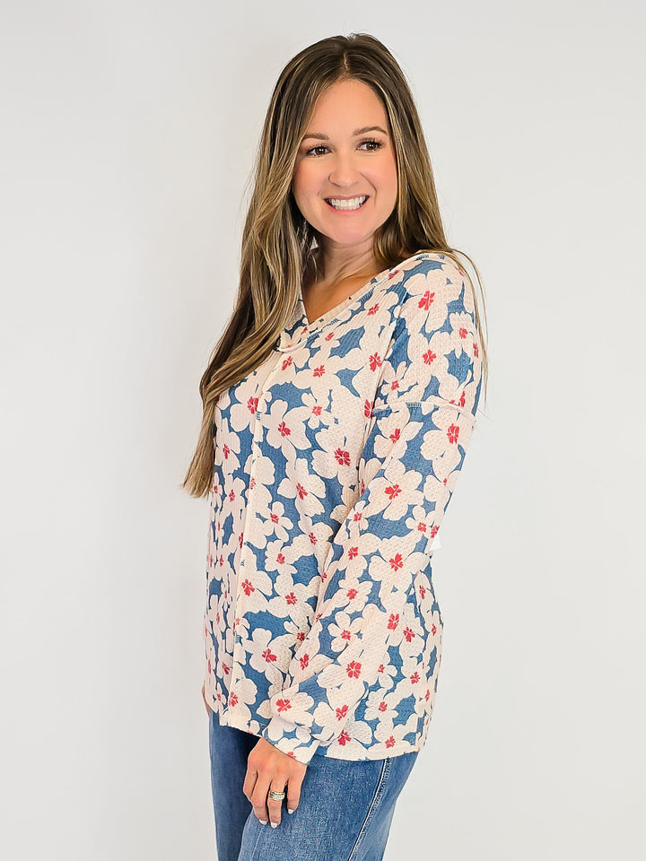 V-NECK LONG SLEEVE FLORAL PRINT TOP - DUSTY TEAL