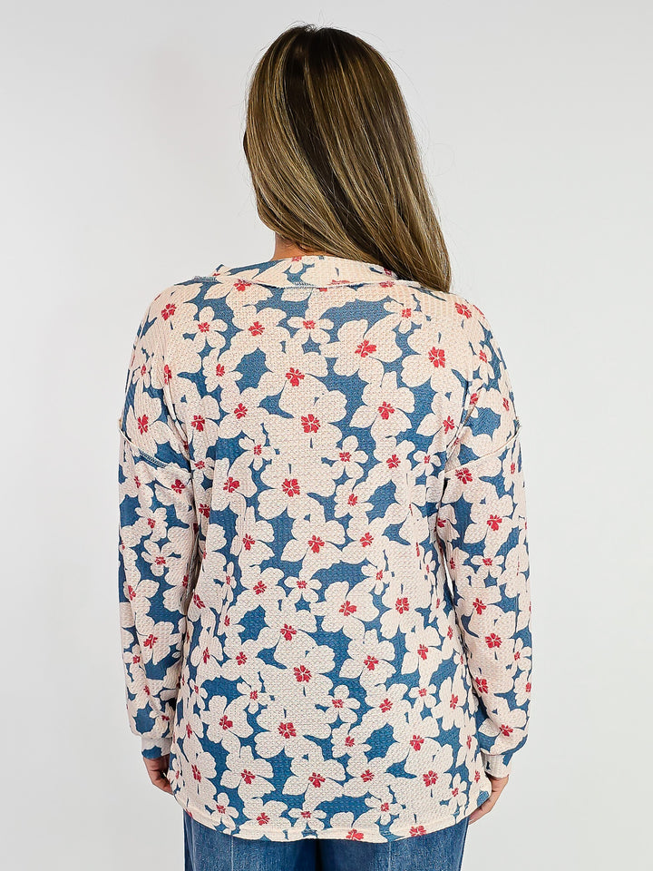 V-NECK LONG SLEEVE FLORAL PRINT TOP - DUSTY TEAL