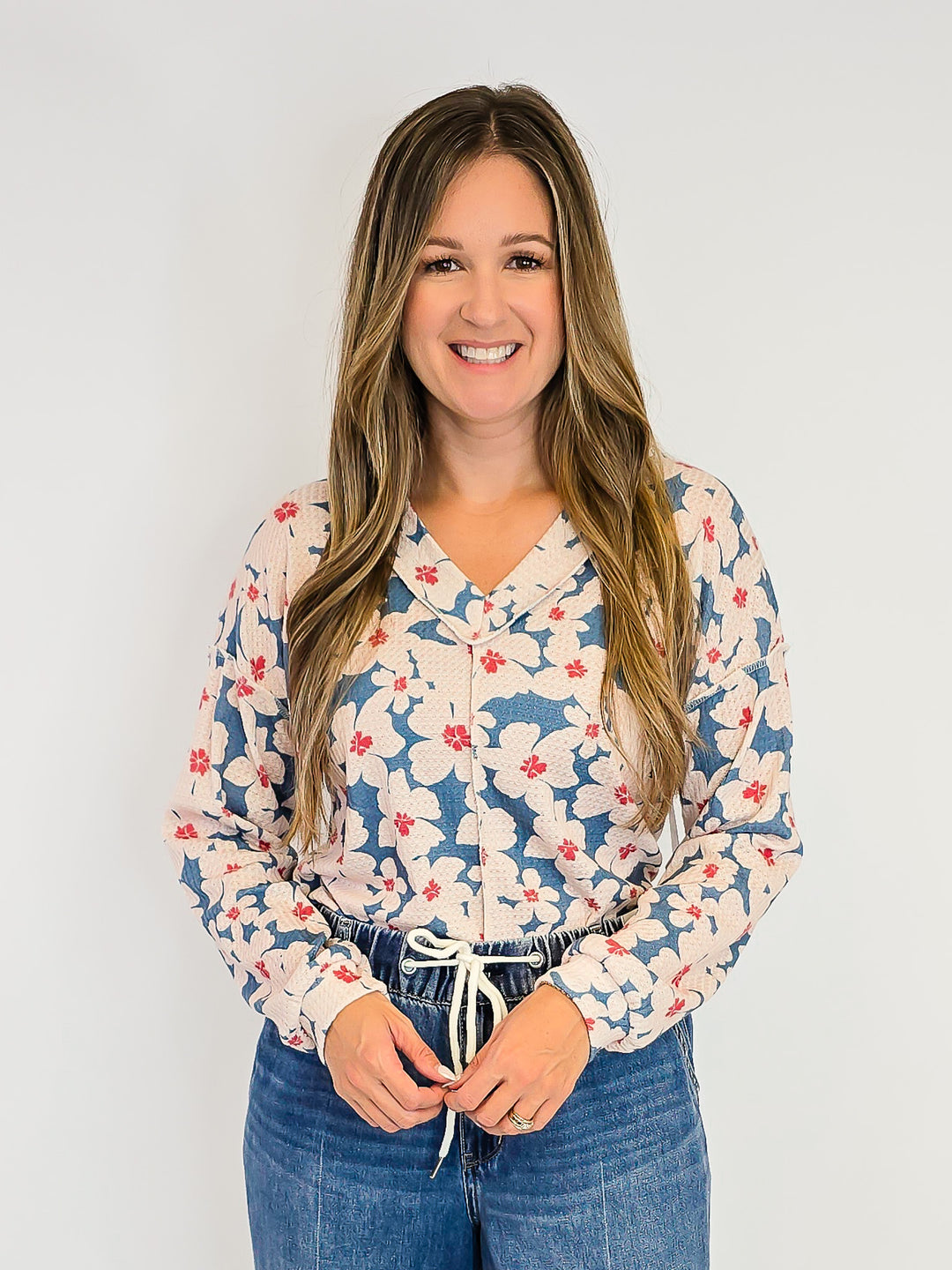 V-NECK LONG SLEEVE FLORAL PRINT TOP - DUSTY TEAL