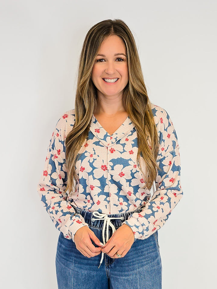 V-NECK LONG SLEEVE FLORAL PRINT TOP - DUSTY TEAL