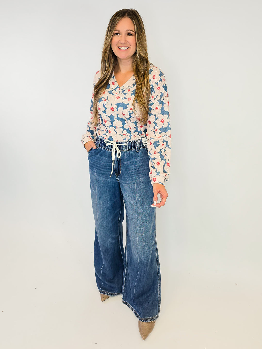 V-NECK LONG SLEEVE FLORAL PRINT TOP - DUSTY TEAL