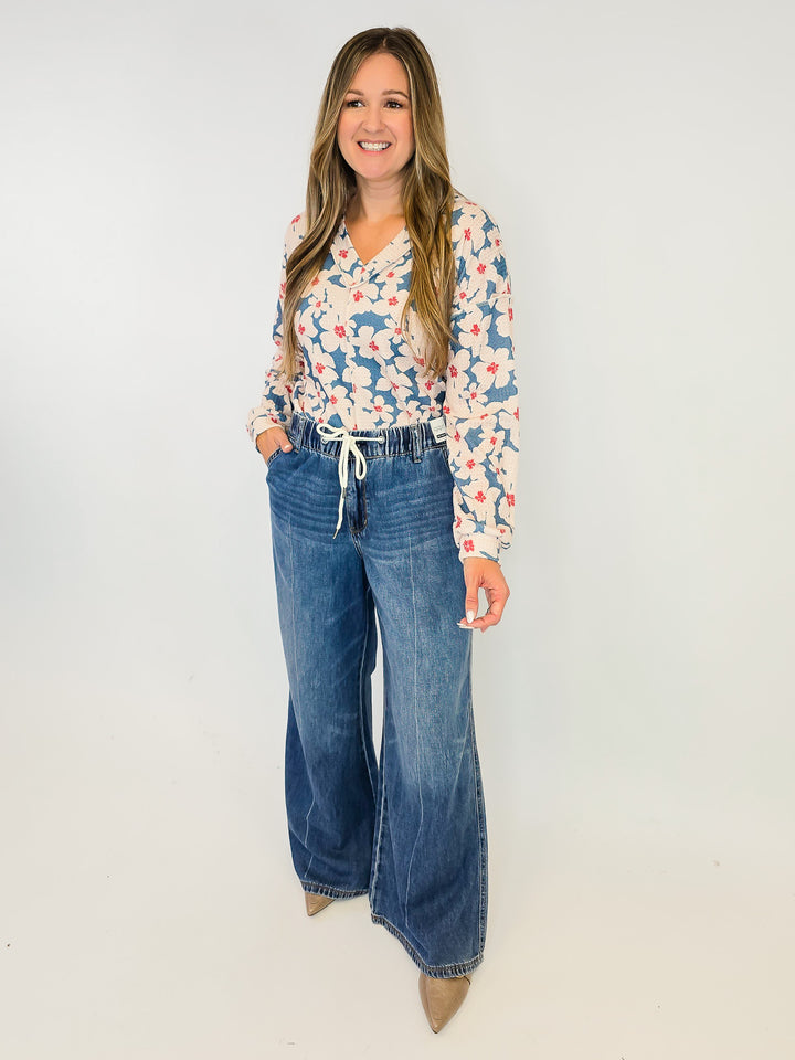 V-NECK LONG SLEEVE FLORAL PRINT TOP - DUSTY TEAL