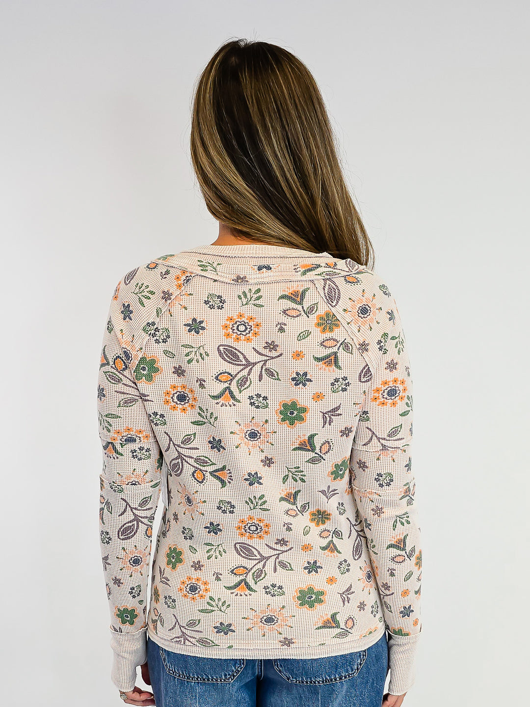 FLORAL PRINTED WASHED HENLEY TOP - BLUSH