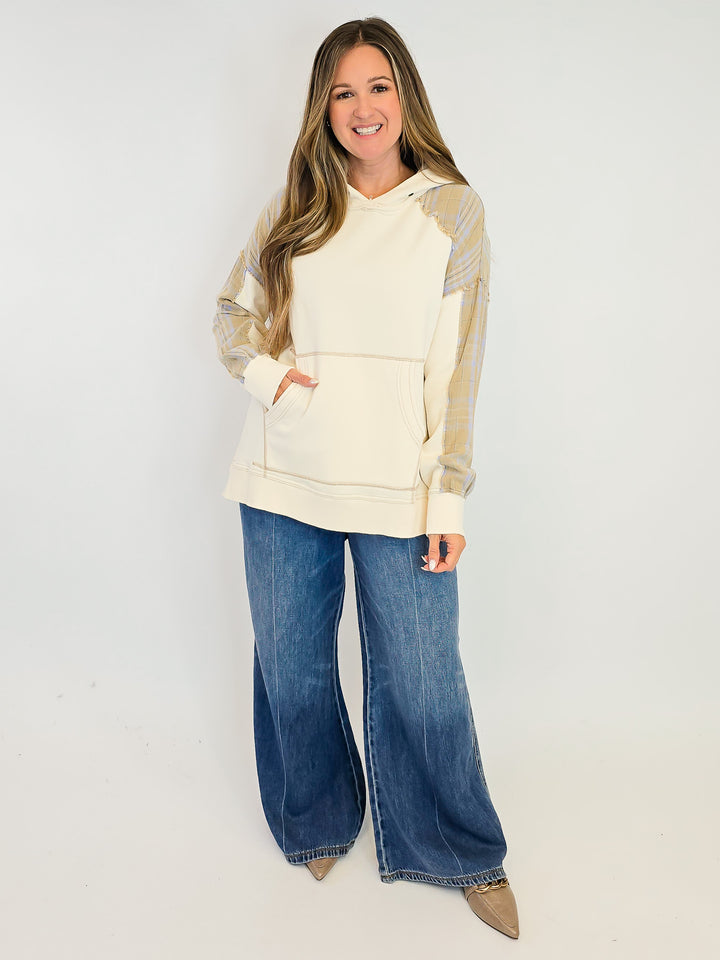 PLAID MIX TERRY PULLOVER HOODIE - ECRU
