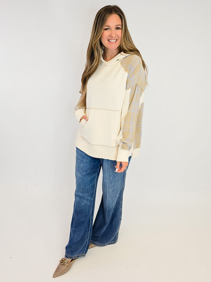 PLAID MIX TERRY PULLOVER HOODIE - ECRU