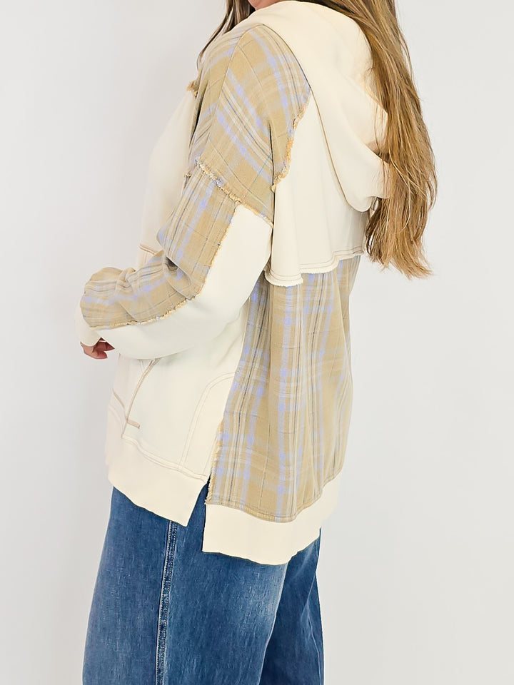 PLAID MIX TERRY PULLOVER HOODIE - ECRU
