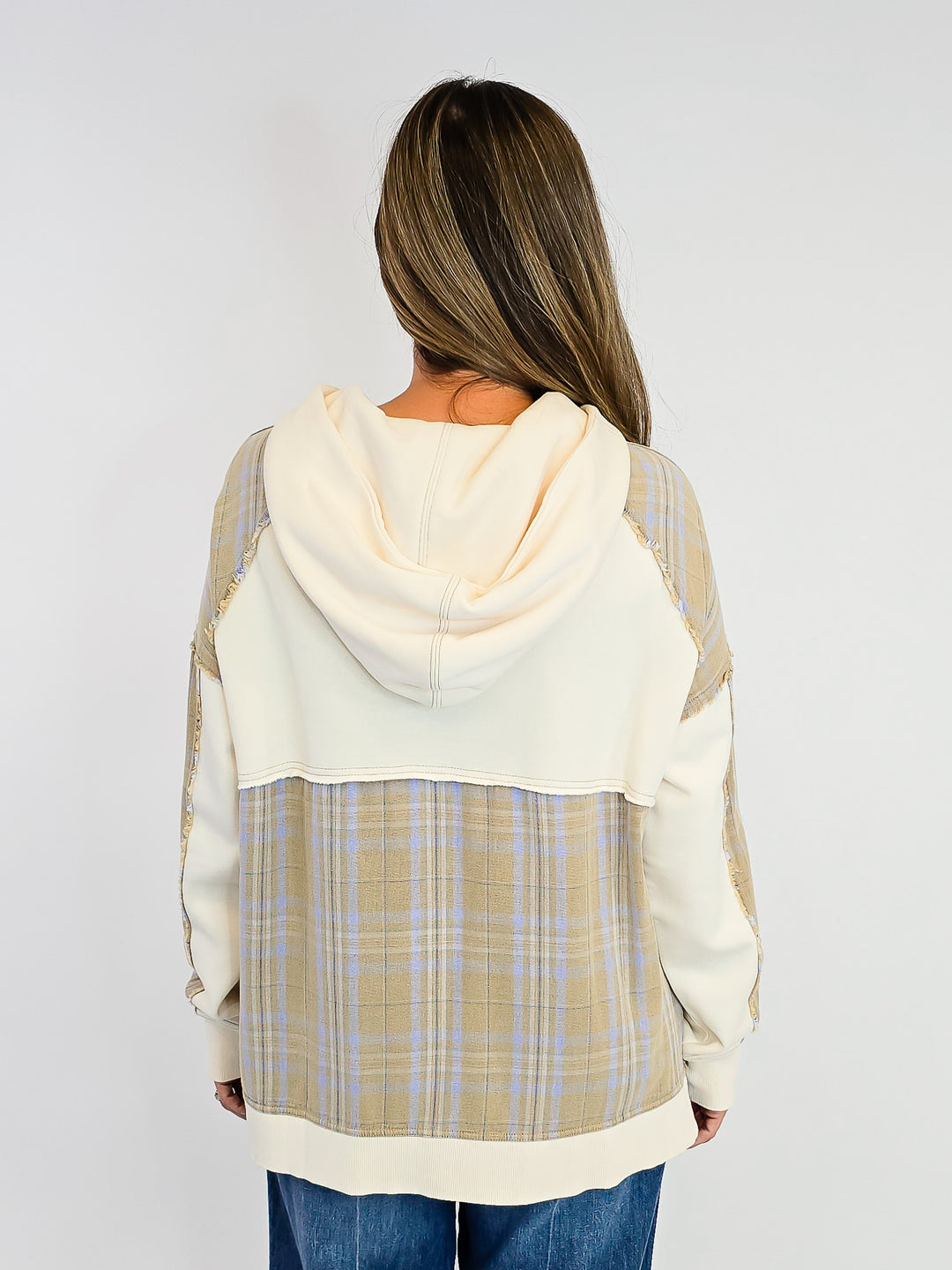 PLAID MIX TERRY PULLOVER HOODIE - ECRU