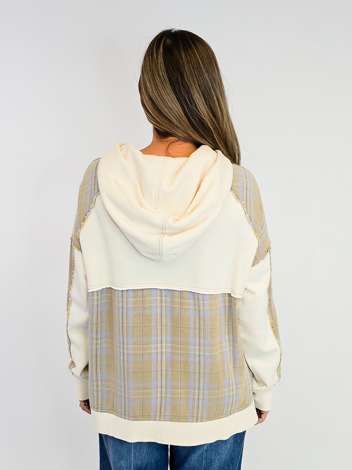 PLAID MIX TERRY PULLOVER HOODIE - ECRU