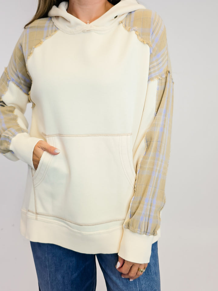 PLAID MIX TERRY PULLOVER HOODIE - ECRU