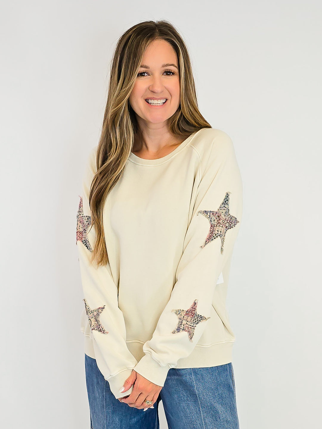 STAR PATCHED WASHED TERRY PULLOVER - ECRU