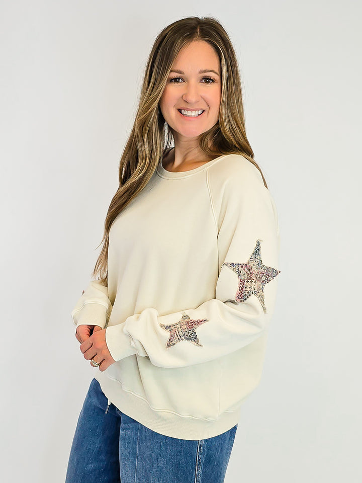 STAR PATCHED WASHED TERRY PULLOVER - ECRU