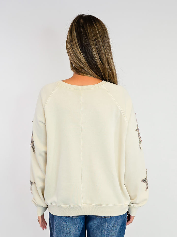 STAR PATCHED WASHED TERRY PULLOVER - ECRU
