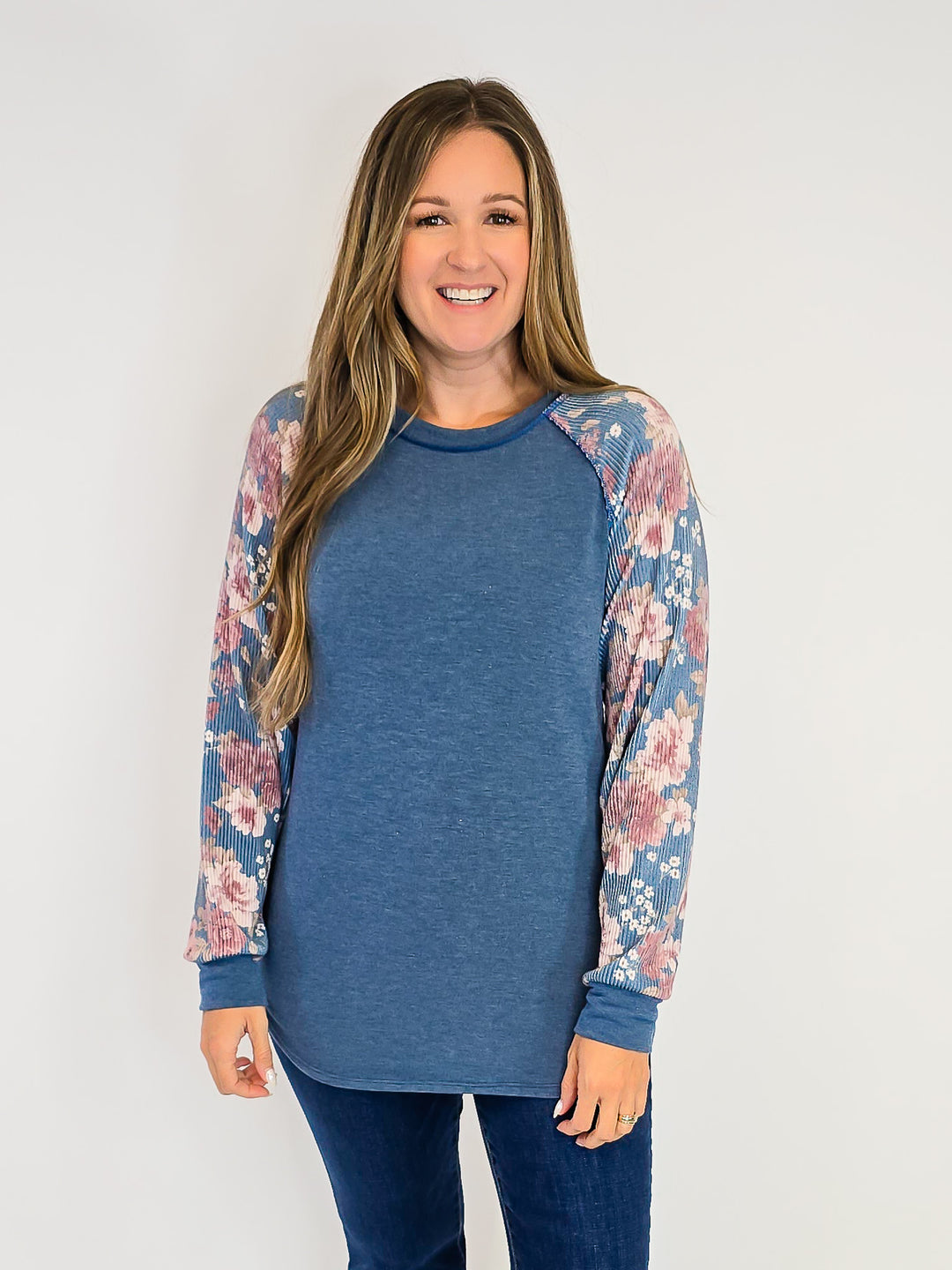 RIBBED FLORAL LONG SLEEVE TOP - BLUE