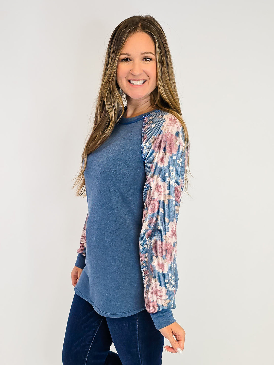 RIBBED FLORAL LONG SLEEVE TOP - BLUE