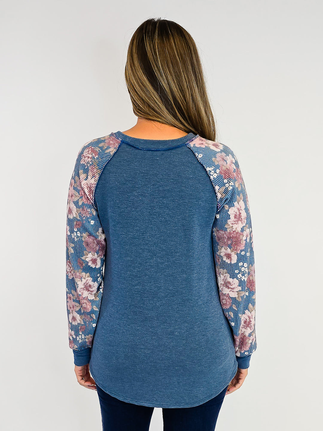 RIBBED FLORAL LONG SLEEVE TOP - BLUE