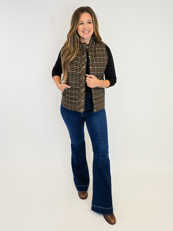 PLAID PUFFER VEST W/SNAP PLACKET - TAUPE