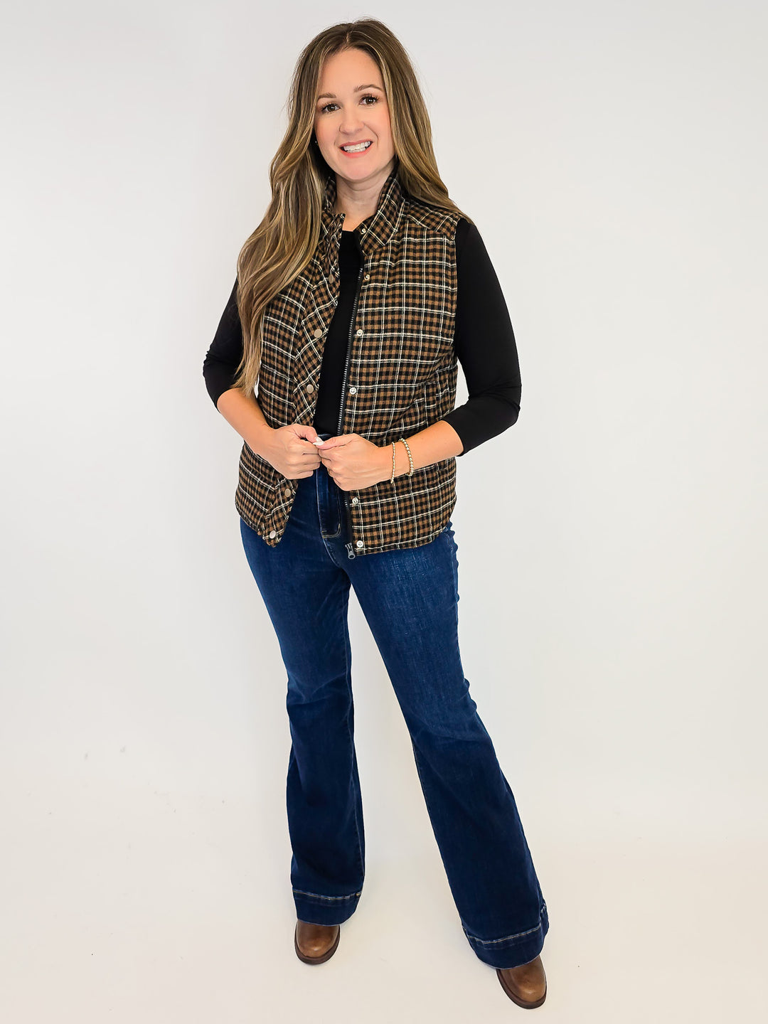 PLAID PUFFER VEST W/SNAP PLACKET - TAUPE