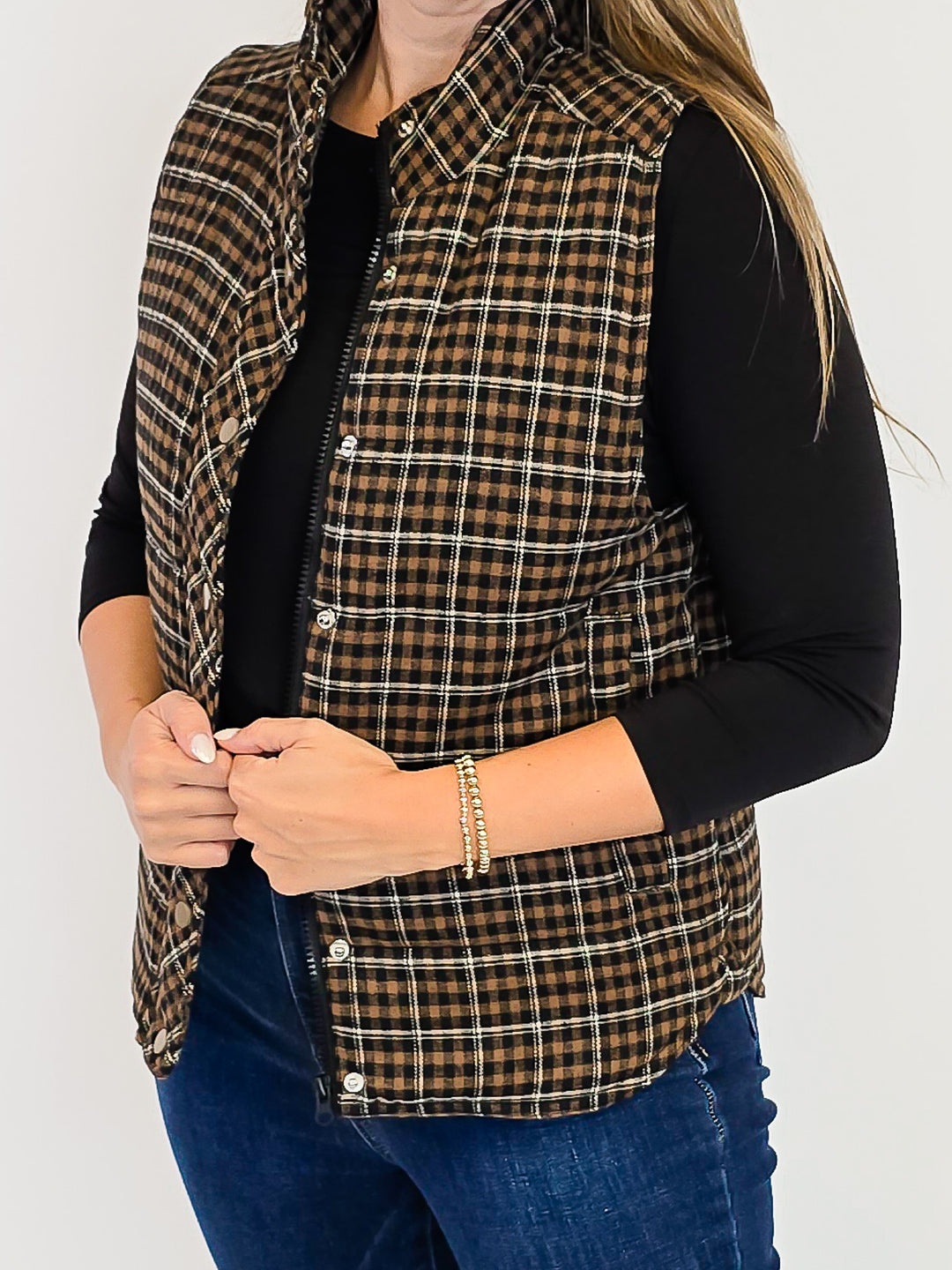 PLAID PUFFER VEST W/SNAP PLACKET - TAUPE