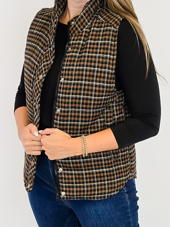 PLAID PUFFER VEST W/SNAP PLACKET - TAUPE