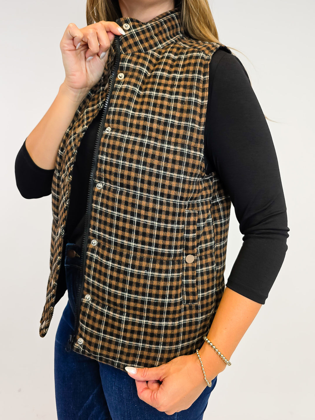 PLAID PUFFER VEST W/SNAP PLACKET - TAUPE