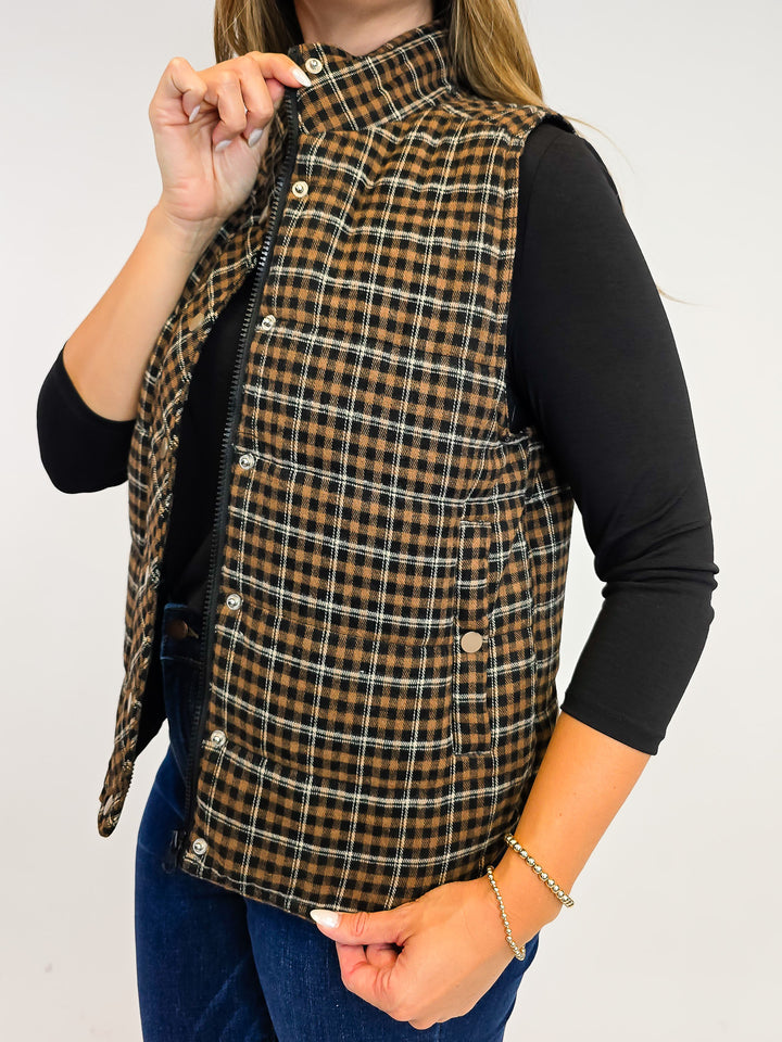 PLAID PUFFER VEST W/SNAP PLACKET - TAUPE