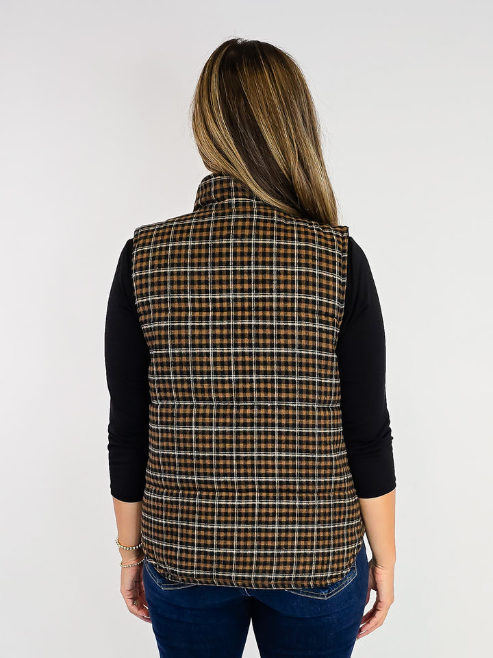PLAID PUFFER VEST W/SNAP PLACKET - TAUPE