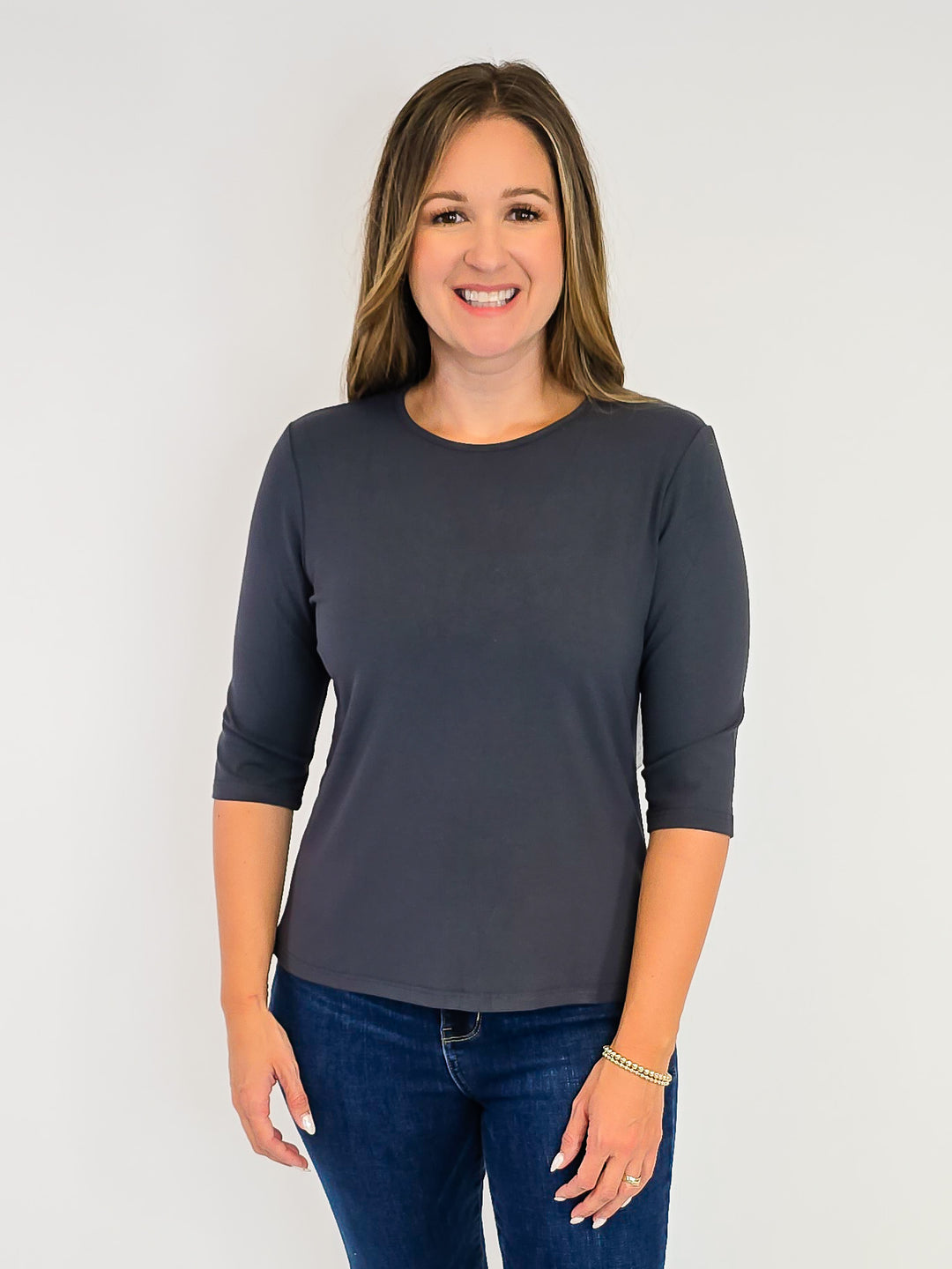 ELBOW SLEEVE SOLID KNIT TOP - CHARCOAL