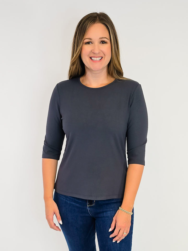 ELBOW SLEEVE SOLID KNIT TOP - CHARCOAL