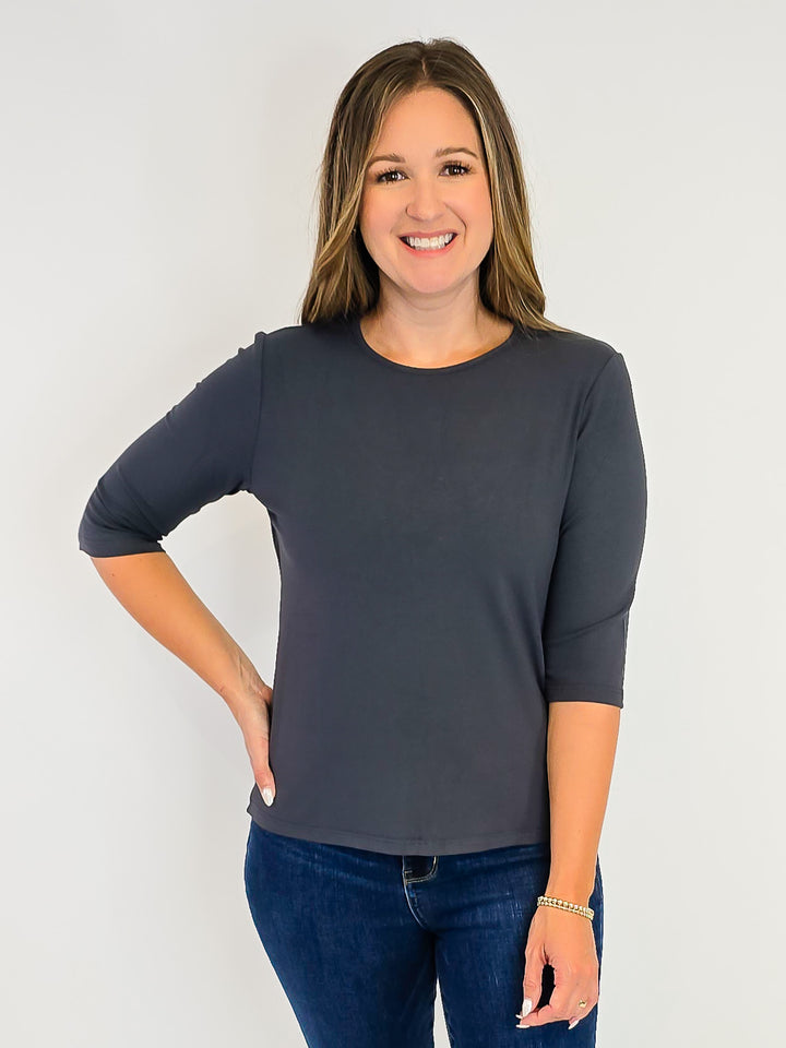 ELBOW SLEEVE SOLID KNIT TOP - CHARCOAL