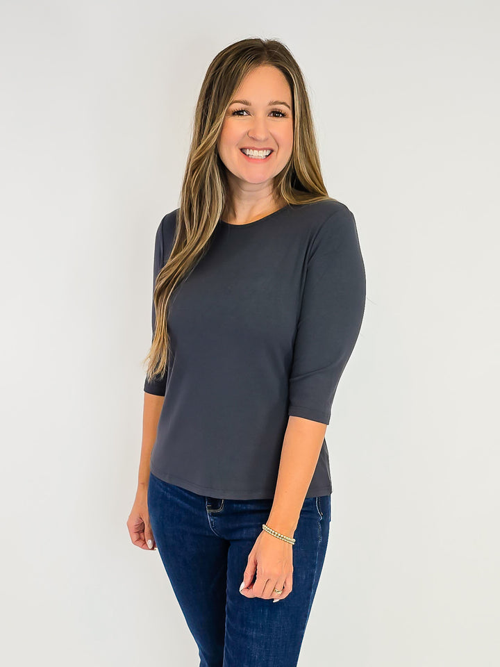 ELBOW SLEEVE SOLID KNIT TOP - CHARCOAL